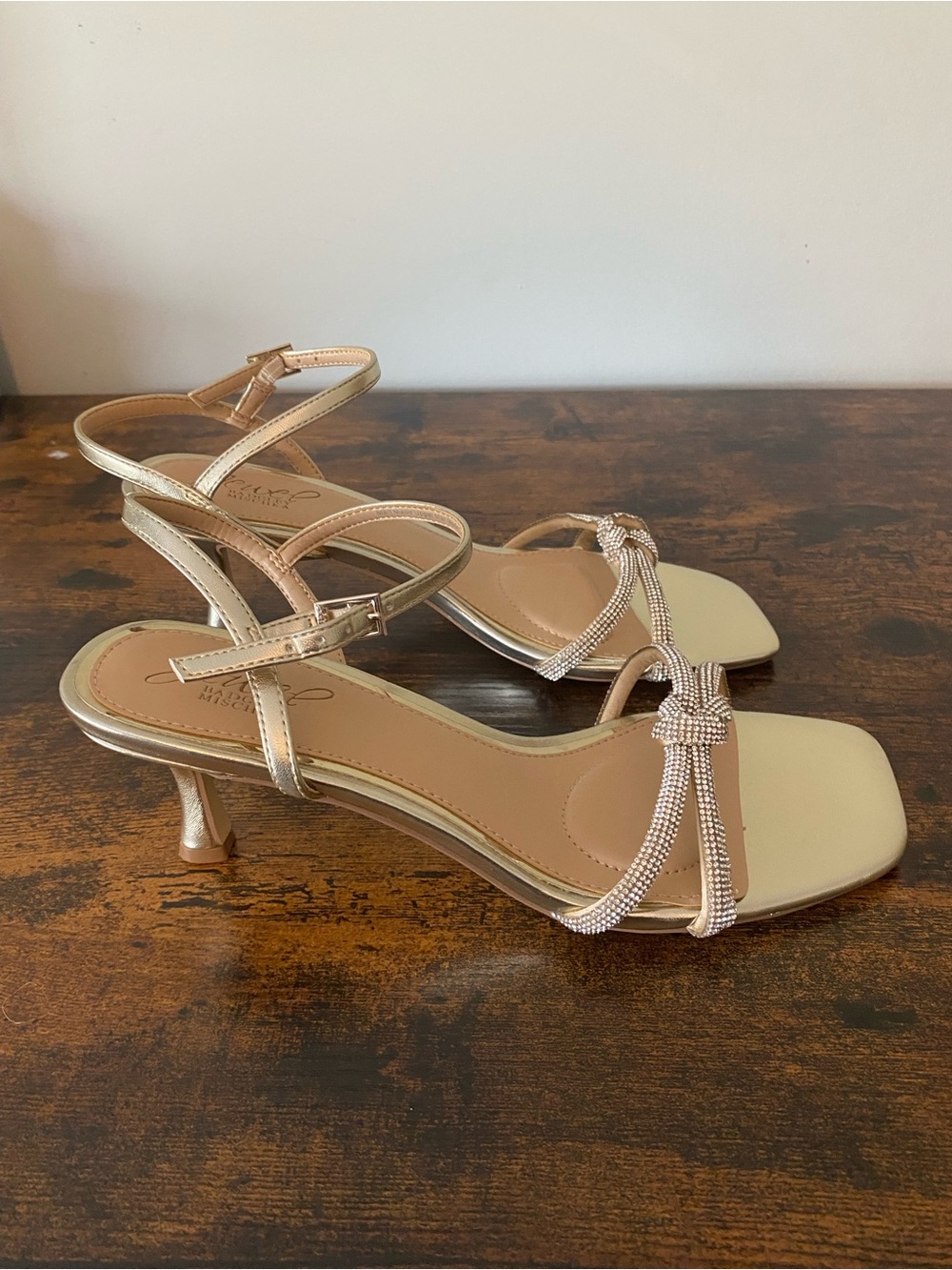Jewel Badgley Mischka Gold Knotted Crystal-Strap Ankle Sandals